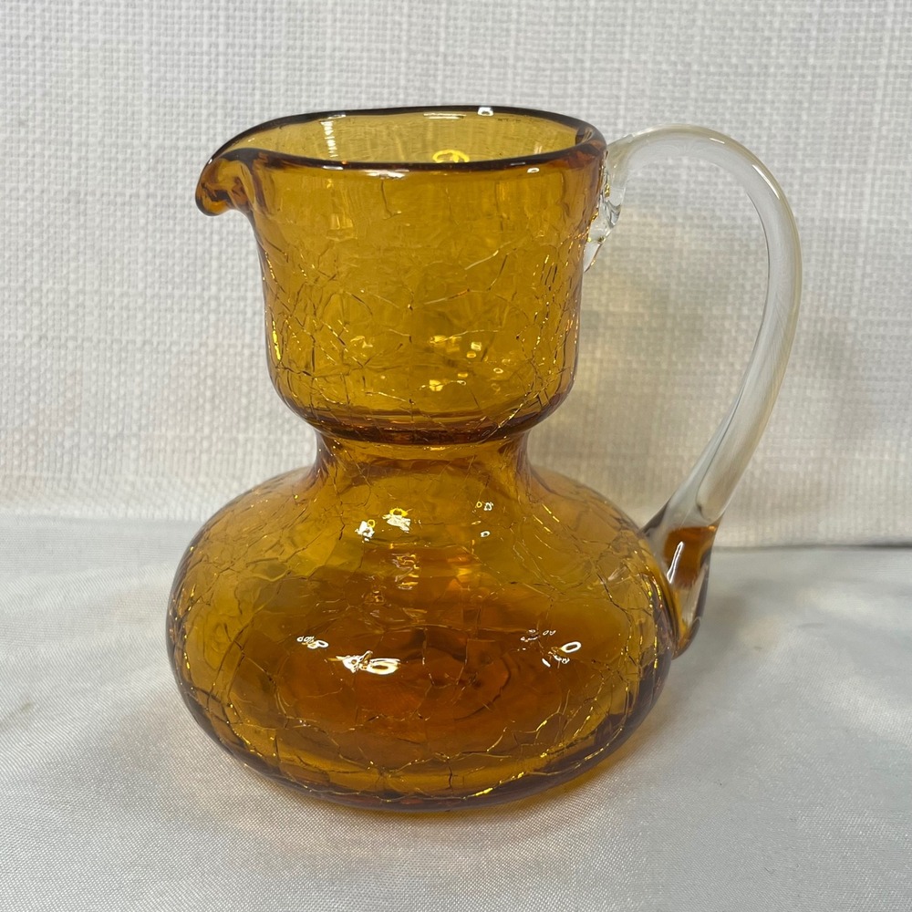 Vintage Amber Crackle Glass Mini Pitcher Hand Blown Clear Handle
